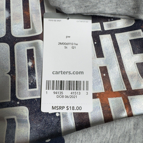 Carter's COOLEST BROTHER Long Sleeve Graphic Shirt Boy's Size 5T Gray - Picture 5 of 5